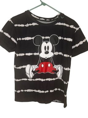 Disney Mickey Mouse Sitting Graphic Tee Black & White Striped Tie Dye Large